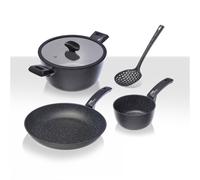 Moneta Etnea Batteria Starter, 5 Pezzi: Padella 24 cm, Casseruola 2 manici 20 cm con Coperchio, Pentolino 16 cm e Schiumarola in Nylon