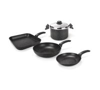 Moneta Etnea Batteria Smart Set da 5 Pezzi, Padella 24 cm, Wok 28 cm, Bistecchiera 28 x 28 cm, Pastaiola 22 cm con Coperchio