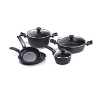 Moneta Etnea Batteria Professional Set da 8 Pezzi, 2 Padelle da 20 e 26 cm, Pentolino 1 Manico 16 cm, Pentola Grande 24 cm 2 Manici, Tegame 28 cm, Coperchi da 16, 24 e 28 cm, Bordo Inox