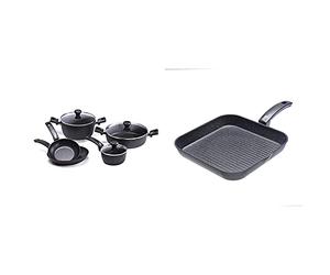 Moneta Etnea Batteria Professional Set da 8 Pezzi, 2 Padelle da 20 e 26 cm, Pentolino 1 Manico 16 cm, Pentola Grande 24 cm 2 Manici & Etnea Bistecchiera, Alluminio, Nero, 28 x 28 cm