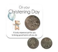 Moneta portafortuna da sei pence e biglietto di auguri, poesia per il battesimo per bambina, figlia, nipote, nipote, tradizionale regalo per battesimo con moneta da sei pence argentata (blu)