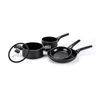 Moneta Recy Batteria 5 pezzi: padella 20cm, padella 28cm, casseruola 16cm, casseruola 20cm e coperchio vetro bordo silicone 20cm. Corpo alluminio 100% riciclato. Anche per induzione.