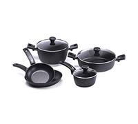 Moneta Etnea Batteria Professional Set da 8 Pezzi, 2 Padelle da 20 e 26 cm, Pentolino 1 Manico 16 cm, Pentola Grande 24 cm 2 Manici, Tegame 28 cm, Coperchi da 16, 24 e 28 cm, Bordo Inox