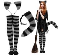 Monetais Set Orecchie e Coda di Volpe con 1 Paio di Calze Orecchie e Code di Gatto Realistiche Pelose Simpatici Costumi Decorativi di Halloween per Feste Cosplay, Pelose Nere + Grigie