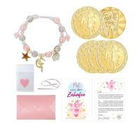 Monete della Fatina dei Denti, Braccialetto di Perle Denti da Latte, Regali per Fatine dei Denti per Ragazze, 5 Pezzi di Monete Portafortuna Dorate e Braccialetti Colorati per Denti Persi Bambini Rega