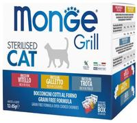 MONGE GRILL CAT STERILISED BOCCONCINI IN JELLY MULTIPACK (VITELLO, GALLETTO & TROTA) 12 x 85 GR.