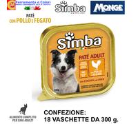 MONGE Paté Cibo Per Cane Umido 18 Vaschette 300g SIMBA Cani Adulti Pollo Fegato