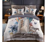 Mongolfiera A Forma Di Farfalla Copripiumino Singolo 135x200 cm Libri, elefanti e zebre Stampa 3D Microfibra Morbida con 2 Federe 50x80 cm - Set Biancheria da Letto per Bambini