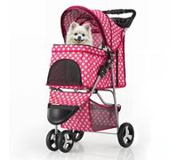 MoNiBloom Passeggino pieghevole a 3 ruote per cani e gatti di piccola taglia e media, con cestino portaoggetti e portabicchieri, a pois rosa acceso