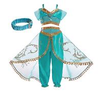 Monissy Aladino Principessa Jasmine Set di Costumi Collo Rotondo Senza Maniche Costume Principessa Cerchietto per Capelli Cosplay Fascia Halloween Travestimento Compleanno Carnevale,Vert,150