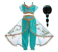 Monissy Bambine e Ragazze Abiti per Principessa Jasmine Costumi per Bambini Aladdin Accessori Vestito per Carnevale Regalo di Compleanno Natale Halloween Festa Parrucca,Verde+Parrucca,130