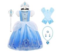 Monissy Costume Carnevale Cinderella Bambina Vestito Cinderella Bambina Vestito di Cenerentola Bimba Corona Guanti Collane Accessori Cosplay Halloween Natale Carnevale Blu 110