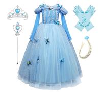 Monissy Costume Frozen Principessa Elsa Abito Blu Pizzo Manica Lunga Tulle Lucido Farfalla Tiara Parrucca Guanto Bacchetta Magica Costume Halloween Compleanno, Blu,100