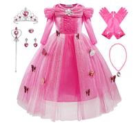 Monissy Costume Principessa Elsa Abito Blu Pizzo Manica Lunga Tulle Lucido Farfalla Tiara Parrucca Guanto Bacchetta Magica Costume Halloween Compleanno, Rose,110