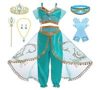 Monissy Costumi per Bambini Vestito per Principessa Jasmine Bambine e Ragazze Natale Compleanno Carnevale Costume con Accessori Aladdin Parrucca Corona Bacchetta Magica Collana,Verde 2,120