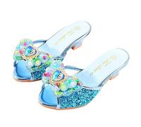 Monissy Frozen Principessa Elsa Mules Tacco Alto Pantofola Bocca di Pesce Paillettes Due Fiocchi di Pelle Elsa Distintivo Distintivo Perline Colorate con Intarsio di Cristallo Scarpe,Blu,32