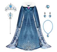 Monissy Regina Congelata Principessa Elsa Vestito Ragazza Blu Collare Bianca Velluto Manica Lunga Mantello Travestimento Chiffon Neve Stampa Compleanno Natale Carnevale, Blu, 110