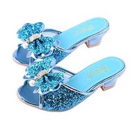 Monissy Tacón Alto Sandalia Mulas Plata Boca De Pez Lentejuelas Lazos De Metal Con Incrustaciones De Cristal Perla Niña Princesa De Fantasía Zapatos De Baile Navidad Halloween,Blu,28