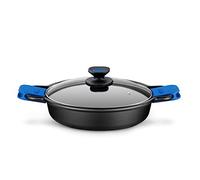 MONIX Solid+ | Casseruola bassa, Coperchio in vetro e Manici di Silicone, 7 litri, Alluminio fuso, Nero e Blu, 36 cm