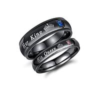 MONIYA Set di 2 anelli in acciaio inox con scritta "His Queen" e "Her King", per matrimonio, fidanzamento, promessa, per coppie, anniversari, Metallo, Zirconia cubica