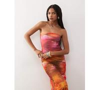 Monki - Top a fascia senza spalline in rete rosa e arancione a fiori tropicali in coordinato L