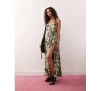 Monki - Vestito lungo svolazzante a balze stropicciato grigio e giallo a fiori con schiena scoperta e allacciatura sul retro XL