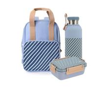 Monnëka Confezione scolastica per bambini | zaino + bottiglia in acciaio inox 750 ml con custodia + pranzo box Bento 900 ml | kit pratico e senza BPA per la scuola o le uscite | strisce blu