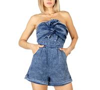 Mono corto de mujer en denim azul sin mangas con escote bandeau y lazo 4187