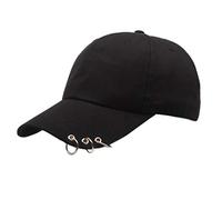MONOJLY Cappello da baseball coreano Harajuku in cotone con 3 anelli in metallo, stile hip hop, tinta unita, regolabile, per papà, Nero , 7 1/8-7 3/8