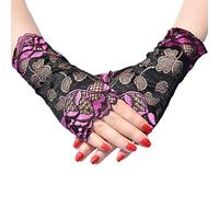 MONOJLY Guanti da donna estivi sottili senza dita per protezione solare Hollow Jacquard pizzo floreale contrasto colore danza festa guida guanti, Rosso rosato, 8.5x19cm