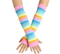 MONOJLY Manicotti lunghi da donna e ragazza, lavorati a maglia, sopra il gomito, con strisce arcobaleno americane, patchwork, guanti senza dita con foro per il pollice, 5, 35 cm