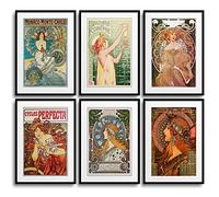 MONOKO® Alfons Mucha - Set di immagini Jugendstil, poster vintage, stampe artistiche da parete, per soggiorno, 6 x A4, senza cornice