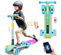 Monopattino Bambino, Monopattino 3 Ruote, con Bluetooth Musica Spray Ruote PU Lampeggianti Regolabile in Altezza Luci a LED Tubo in Lega di Alluminio Freno a Pedale Pieghevole per Atà 3-10 (Blu)