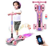 Monopattino Bambino, Monopattino 3 Ruote, con Bluetooth Musica Spray Ruote PU Lampeggianti Regolabile in Altezza Luci a LED Tubo in Lega di Alluminio Freno a Pedale Pieghevole per Atà 3-10 (Rosa)