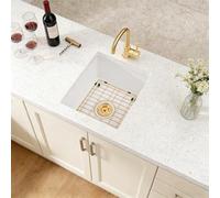 MONSINTA Lavello da cucina bianco da 33 cm, in pietra di quarzo sottopiano, 33 x 38 cm, lavello da cucina composito in granito bianco con gruppo di scarico del lavandino dorato e griglia inferiore del