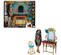 Monster High Bambola, set da gioco e accessori, Cleo De Nile Self-Scare Day, Mobili da toeletta con contenitore, Accessori per capelli e gioielli