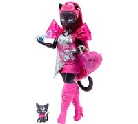 Monster High - Catty Noir, bambola alla moda con personaggio Amulette il Gattino e tanti accessori inclusi come zaino, libro degli spartiti e microfono, giocattolo per bambini, 4+ anni, HXH76