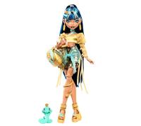 Monster High - Cleo de Nile, bambola con camicetta dorata e gonna a strati, cucciolo di cobra Hissette e accessori come zaino, snack e pergamena inclusi, giocattolo per bambini, 4+ anni, HXH74