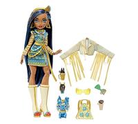 Monster High - Cleo de Nile, bambola snodata alla moda, dai capelli con ciocche blu e oro, con accessori e cagnolino, Giocattolo per Bambini 4+ Anni, HHK54
