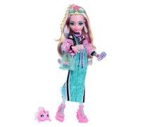 Monster High - Lagoona Blue, bambola con top corto e una maxi gonna sportiva, con pesciolina Neptuna e 7 accessori tra cui occhiali da sole a forma di conchiglia, snack e borsetta, 4+ anni, JHK33