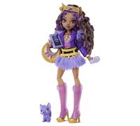 Monster High - Frankie Stein, bambola con maglia corta e gonna in pelle nera, con cagnolina Watzie e 7 accessori inclusi tra cui auricolari, marsupio e snack, 4+ anni, JHK31
