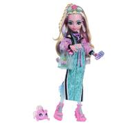 Monster High - Lagoona Blue, bambola con top corto e una maxi gonna sportiva, con pesciolina Neptuna e 7 accessori tra cui occhiali da sole a forma di conchiglia, snack e borsetta, 4+ anni, JHK33
