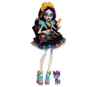 Monster High - Skelita Calaveras, bambola in coloratissimo abito in papel picado con cagnolina Candelita e 7 accessori inclusi tra cui blocco da disegno, snack e borsa Messenger, 4+ anni, JHK34