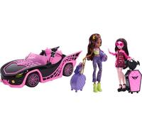 Monster High Dolls and Accessories, Draculaura e Clawdeen Wolf Eeekend Getaway Playset con auto giocattolo, oltre 20 modalità e accessori per viaggi su strada