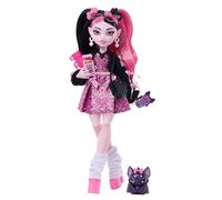 Monster High - Draculaura, bambola in abito rosa e cardigan nero con cucciolo di pipistrello Conte Fabulous, 7 accessori inclusi tra cui ramen, rossetto e borsetta, 4+ anni, JHK29