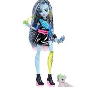 Monster High - Frankie Stein, bambola con maglia corta e gonna in pelle nera, con cagnolina Watzie e 7 accessori inclusi tra cui auricolari, marsupio e snack, 4+ anni, JHK31