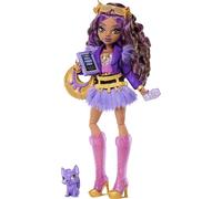Monster High - Frankie Stein, bambola con maglia corta e gonna in pelle nera, con cagnolina Watzie e 7 accessori inclusi tra cui auricolari, marsupio e snack, 4+ anni, JHK31