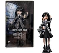 Monster High Mercoledì, bambola e accessori, Mercoledì Addams da collezione in uniforme Nevermore Academy con Mano; zaino e piedistallo per bambola, HXJ04