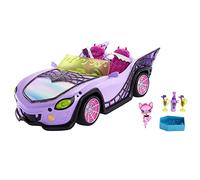Monster High - Mostromobile, macchina giocattolo con animale, accessorio e ghiacciaia portatile, cabrio viola con dettagli a ragnatela, Giocattolo per Bambini 4+ Anni, HHK63