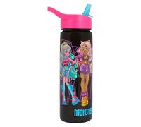 Monster High Polar Gear, borraccia con cannuccia, 600 ml, nera con coperchio rosa, con Frankie Stein, Draculaura, Clawdeen Wolf, Lagoona Blue, senza BPA